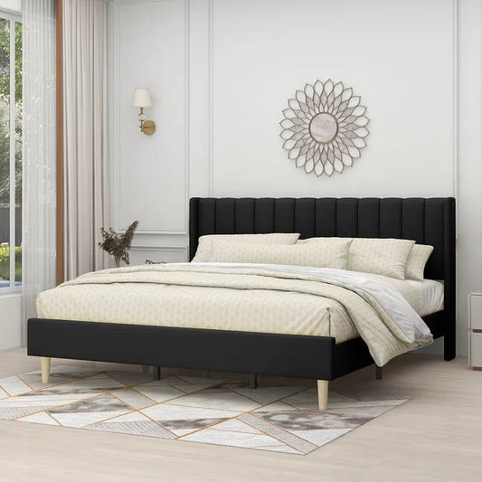 King size Mid-Century Black Linen Platform Bed Frame with Upholstered Headboard - Tampa Home & Garden Store