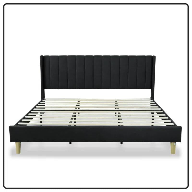 Base de cama king size de plataforma de lino negro de mediados de siglo con cabecero tapizado