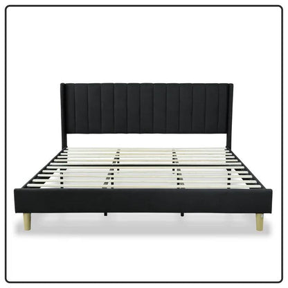 Base de cama king size de plataforma de lino negro de mediados de siglo con cabecero tapizado