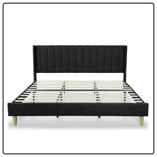 King size Mid-Century Black Linen Platform Bed Frame with Upholstered Headboard - Tampa Home & Garden Store