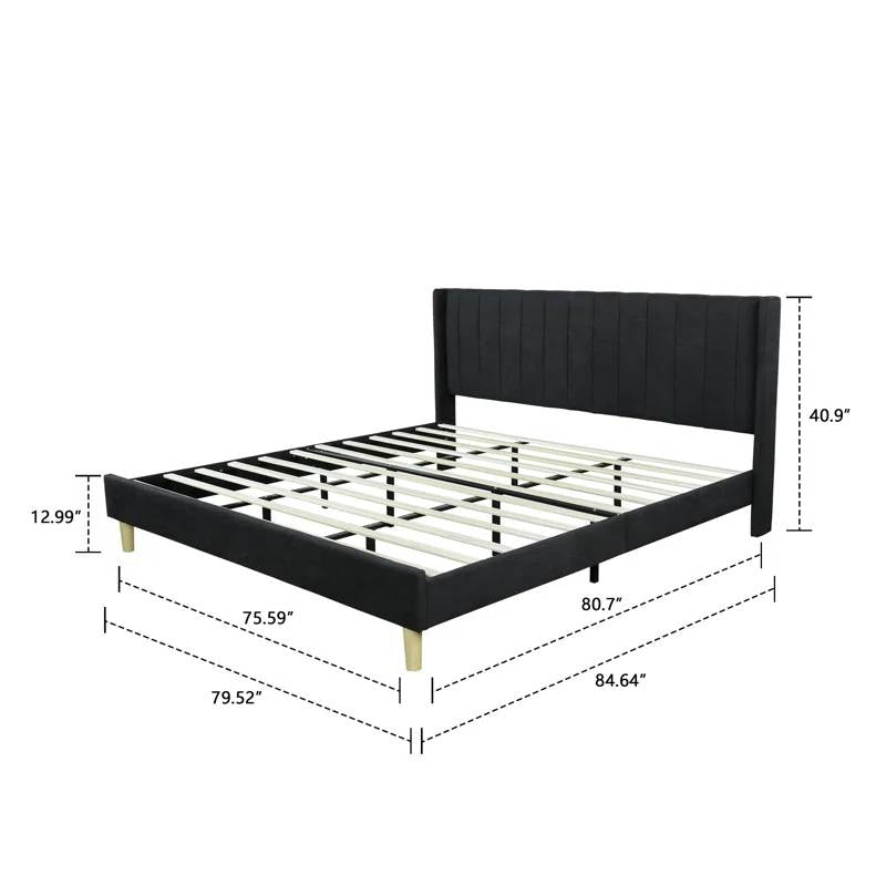 Base de cama king size de plataforma de lino negro de mediados de siglo con cabecero tapizado