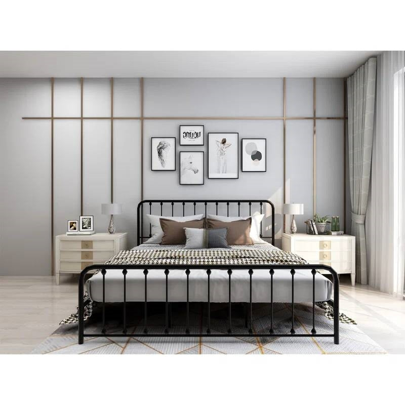 Base de cama King de metal negro con cabecero y piecero de esquinas redondeadas