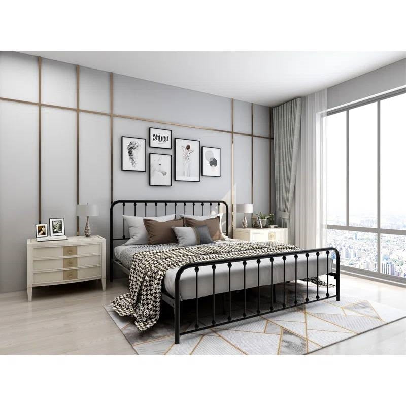 Base de cama King de metal negro con cabecero y piecero de esquinas redondeadas