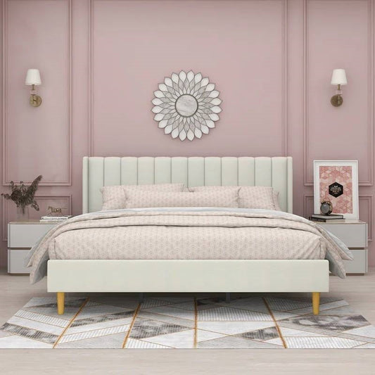 King Mid-Century Platform Bed Frame with Cream Velvet Upholstered Headboard - Tampa Home & Garden Store