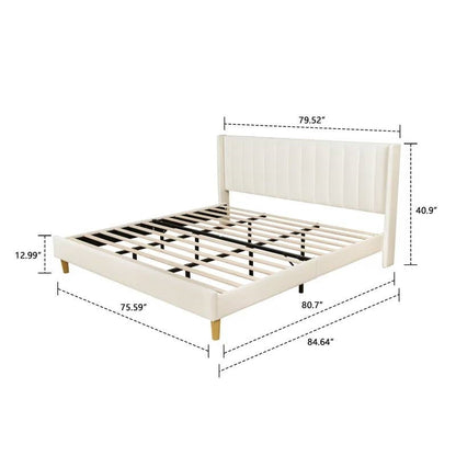King Mid-Century Platform Bed Frame with Cream Velvet Upholstered Headboard