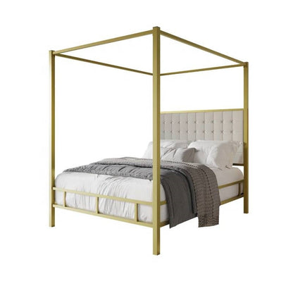 Cama con dosel de metal dorado tamaño King con cabecera tapizada con botones