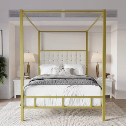 Cama con dosel de metal dorado tamaño King con cabecera tapizada con botones