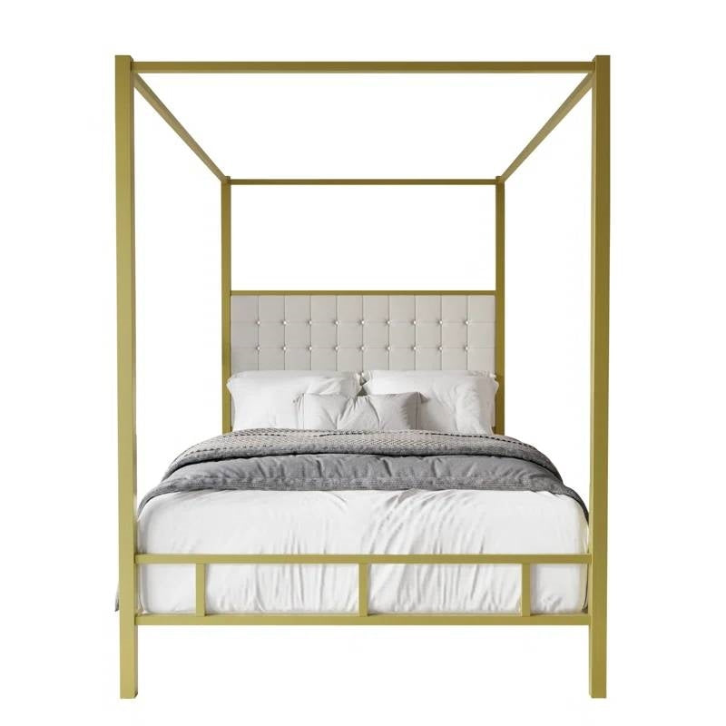 Cama con dosel de metal dorado tamaño King con cabecera tapizada con botones