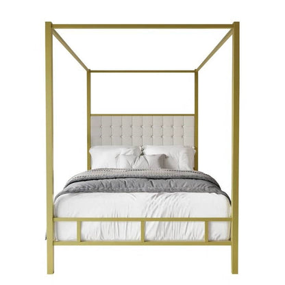 Cama con dosel de metal dorado tamaño King con cabecera tapizada con botones
