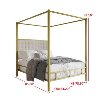 Cama con dosel de metal dorado tamaño King con cabecera tapizada con botones