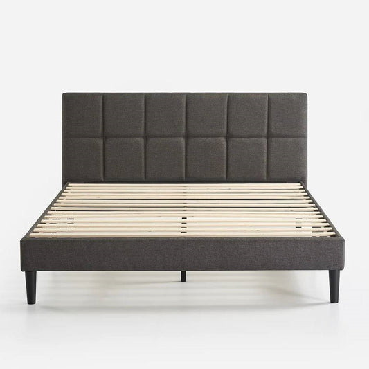 King size Grey Upholstered Platform Bed Frame with Padded Headboard