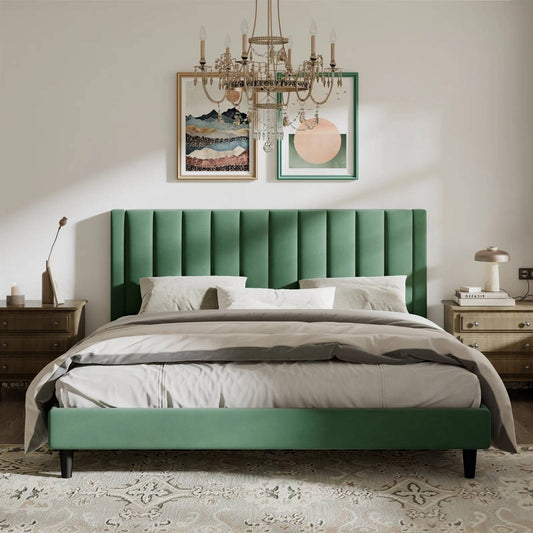 King size Green Velvet Upholstered Platform Bed Frame with Headboard - Tampa Home & Garden Store