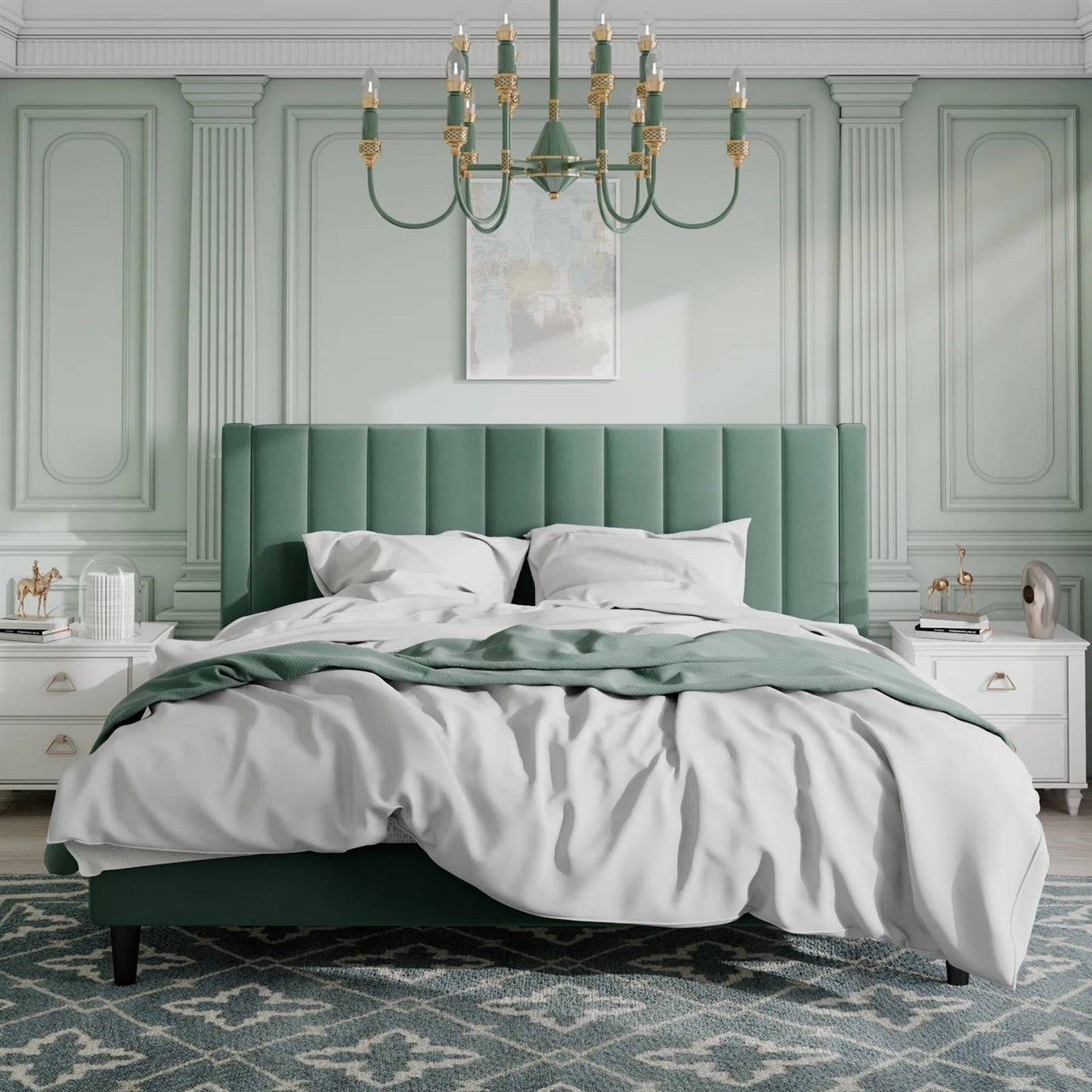 Base de cama tapizada en terciopelo verde tamaño King con cabecero