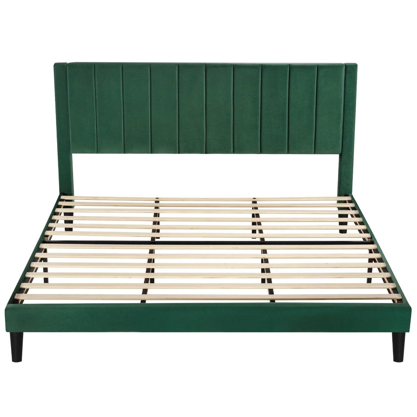 Base de cama tapizada en terciopelo verde tamaño King con cabecero