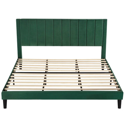 Base de cama tapizada en terciopelo verde tamaño King con cabecero