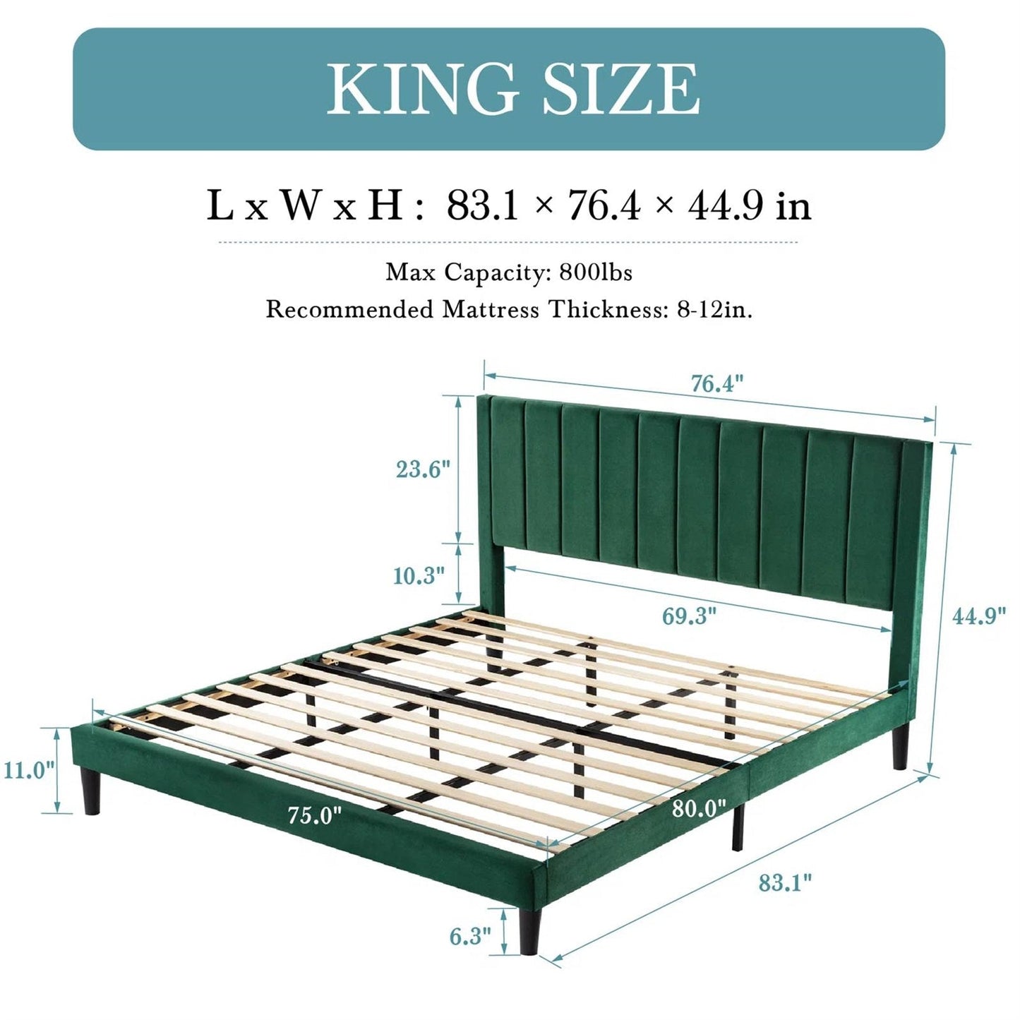 Base de cama tapizada en terciopelo verde tamaño King con cabecero