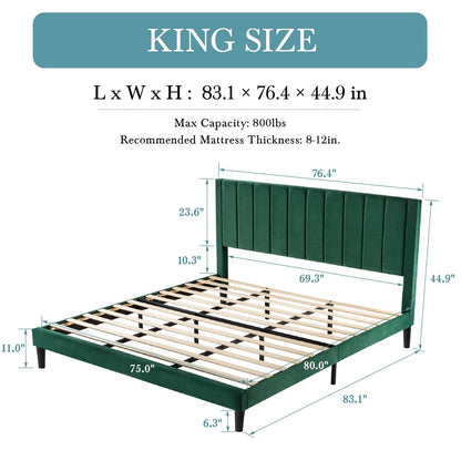 Base de cama tapizada en terciopelo verde tamaño King con cabecero