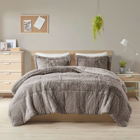 King/CAL King Grey Soft Sherpa Faux Fur 3-Piece Comforter Set with Pillow Shams - Tampa Home & Garden Store