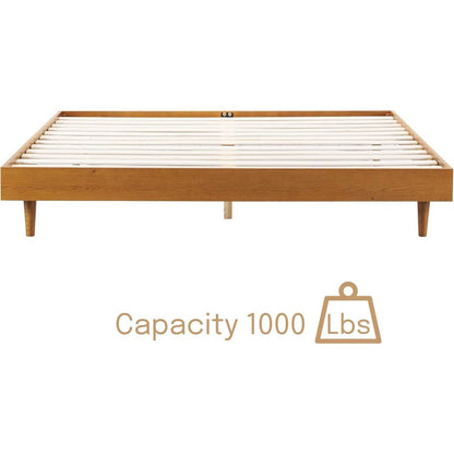 King size Mid-Century Modern Platform Bed Frame in Light Wood Finish