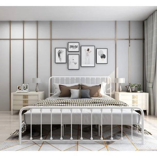 King White Metal Platform Bed Frame with Rounded Corners Headboard Footboard - Tampa Home & Garden Store