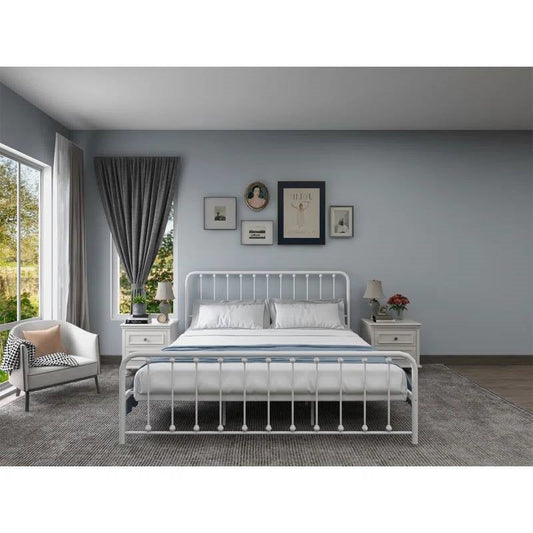 King White Metal Platform Bed Frame with Rounded Corners Headboard Footboard - Tampa Home & Garden Store