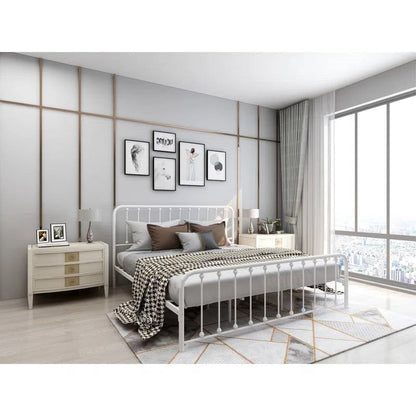 Marco de cama de plataforma King de metal blanco con cabecera y pie de cama de esquinas redondeadas