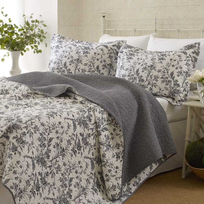 Juego de colcha reversible de 3 piezas de mezcla de algodón tamaño King con diseño floral blanco y gris