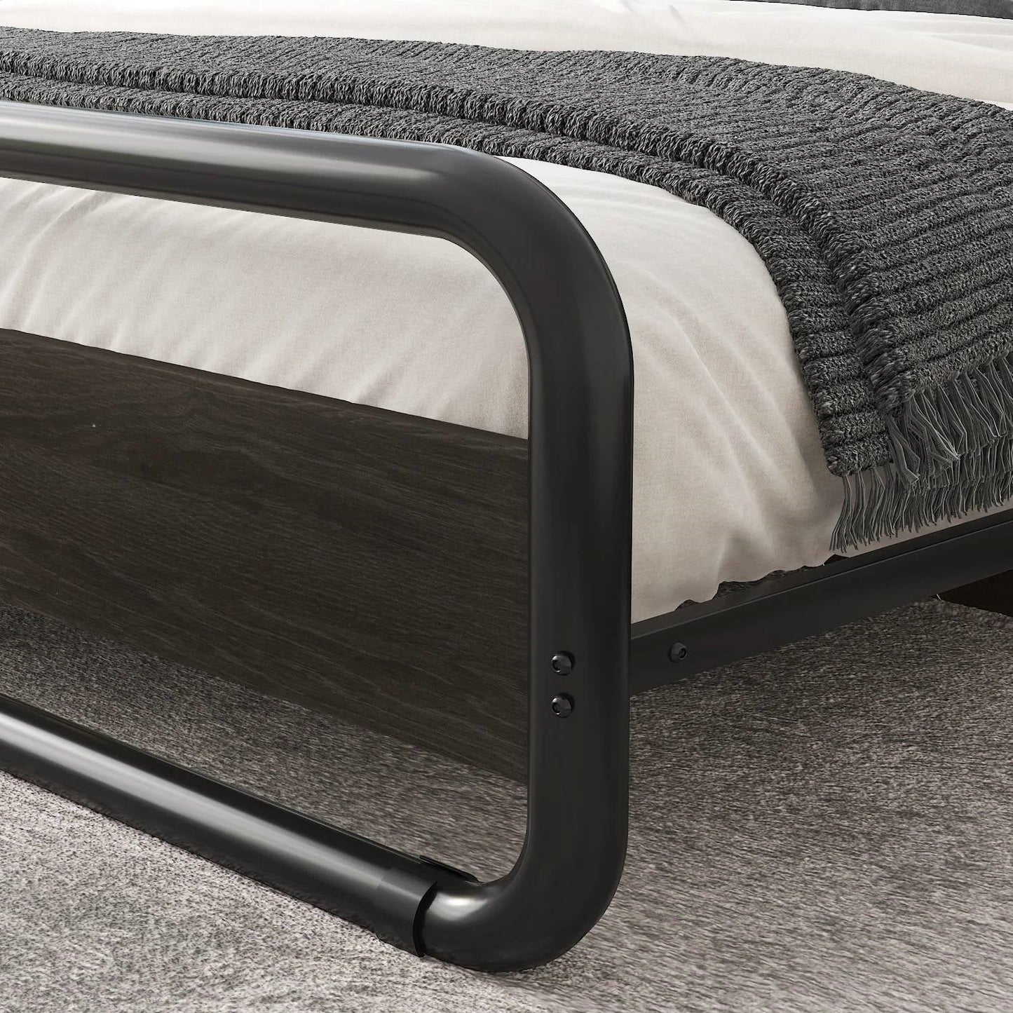 Base de cama King de plataforma con estructura redonda de metal de alta resistencia y cabecero de panel de madera negra