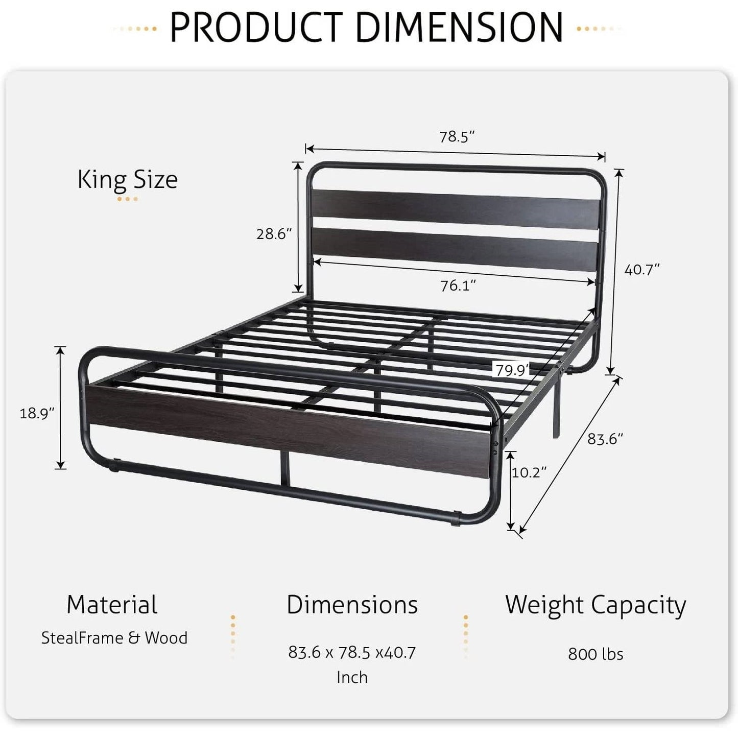 Base de cama King de plataforma con estructura redonda de metal de alta resistencia y cabecero de panel de madera negra