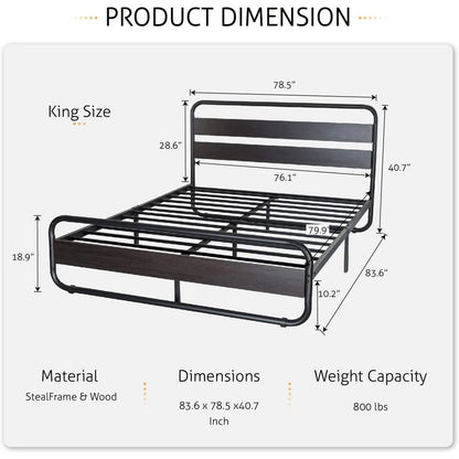 Base de cama King de plataforma con estructura redonda de metal de alta resistencia y cabecero de panel de madera negra