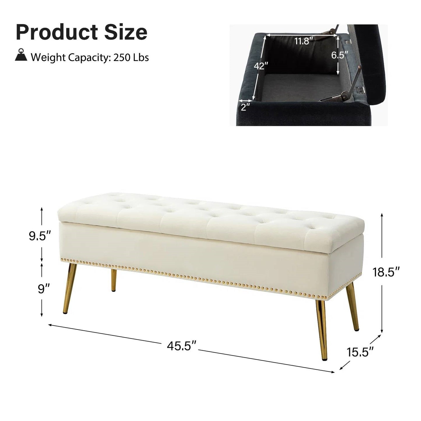 Banco de almacenamiento de cama moderno de mediados de siglo con asiento de terciopelo marfil y patas doradas