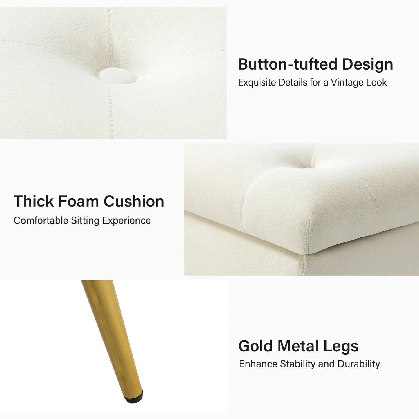 Banco de almacenamiento de cama moderno de mediados de siglo con asiento de terciopelo marfil y patas doradas