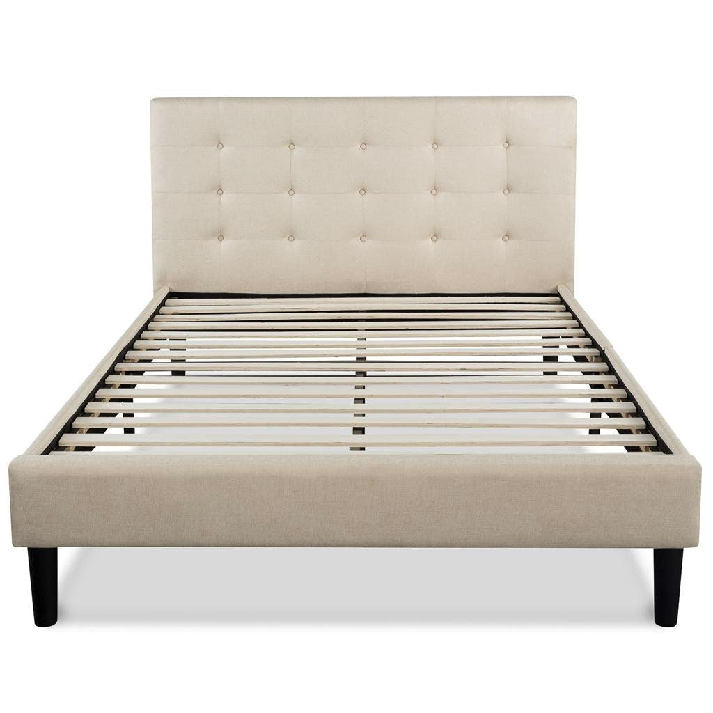 Base de cama tapizada tipo plataforma King size con cabecero capitoné en color gris topo