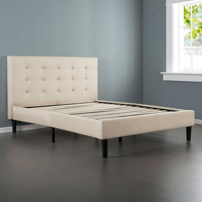 Base de cama tapizada tipo plataforma King size con cabecero capitoné en color gris topo