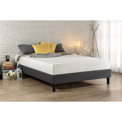 Base de cama tapizada gris tamaño King con patas estilo Mid-Century