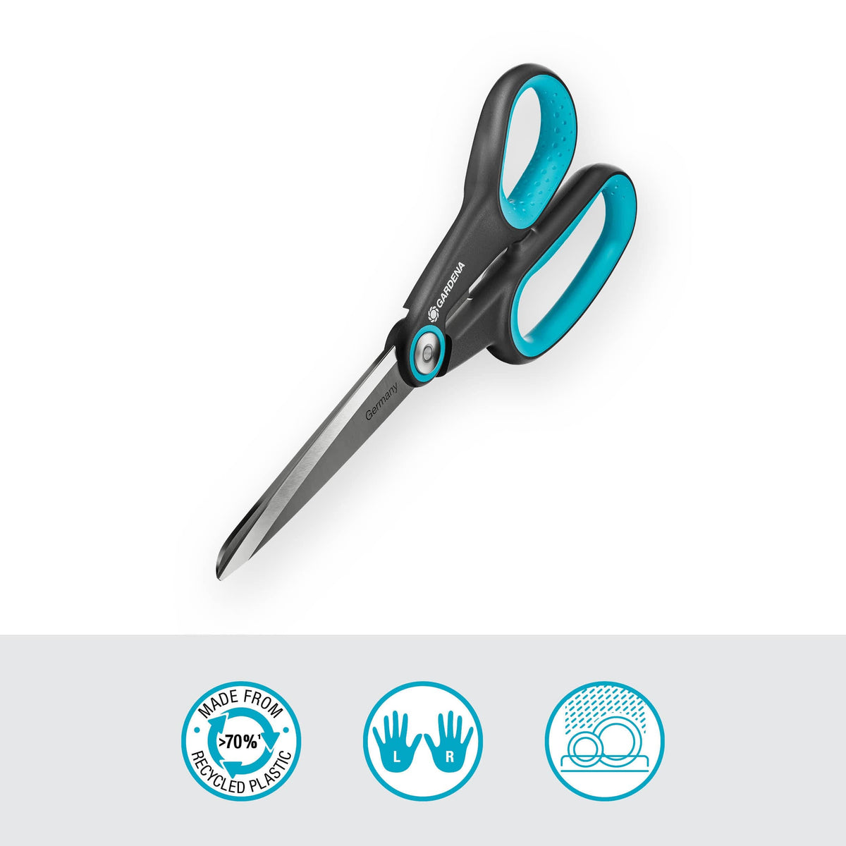Gardena MultiCut Scissors teal blue grip, black handle, stainless blades on Tampa Home & Garden Store