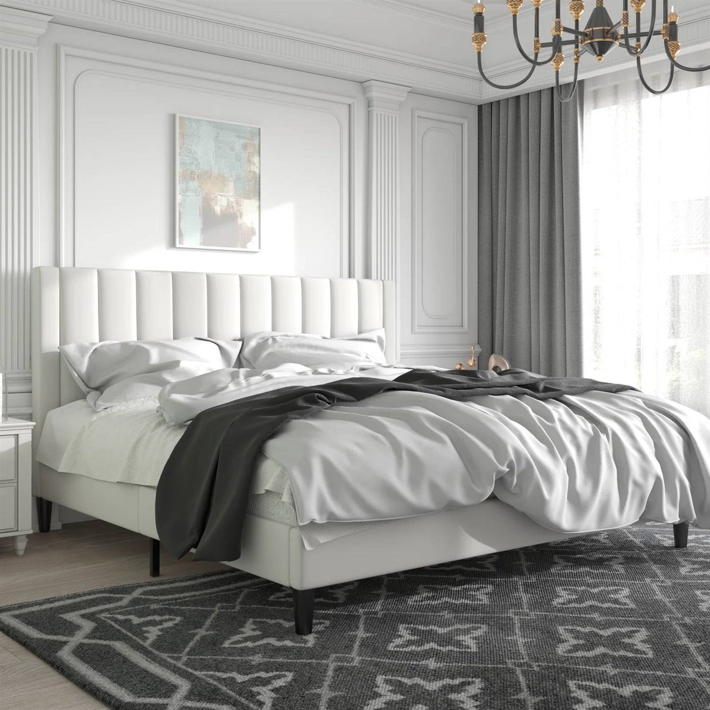 Base de cama tamaño King con plataforma tapizada de terciopelo blanco con cabecero