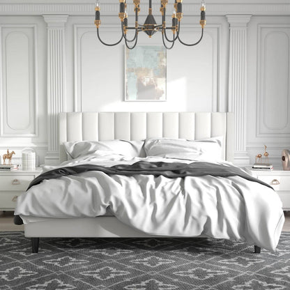 Base de cama tamaño King con plataforma tapizada de terciopelo blanco con cabecero
