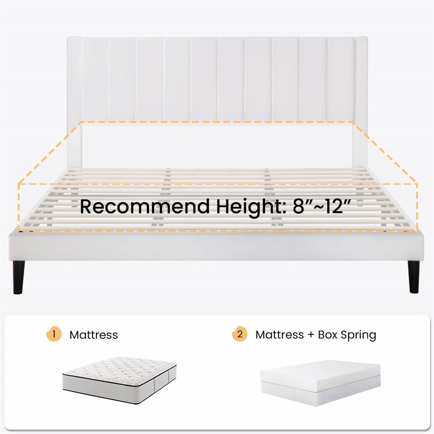 Base de cama tamaño King con plataforma tapizada de terciopelo blanco con cabecero
