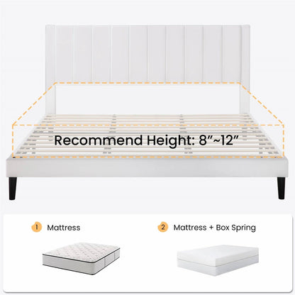 Base de cama tamaño King con plataforma tapizada de terciopelo blanco con cabecero