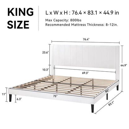Base de cama tamaño King con plataforma tapizada de terciopelo blanco con cabecero