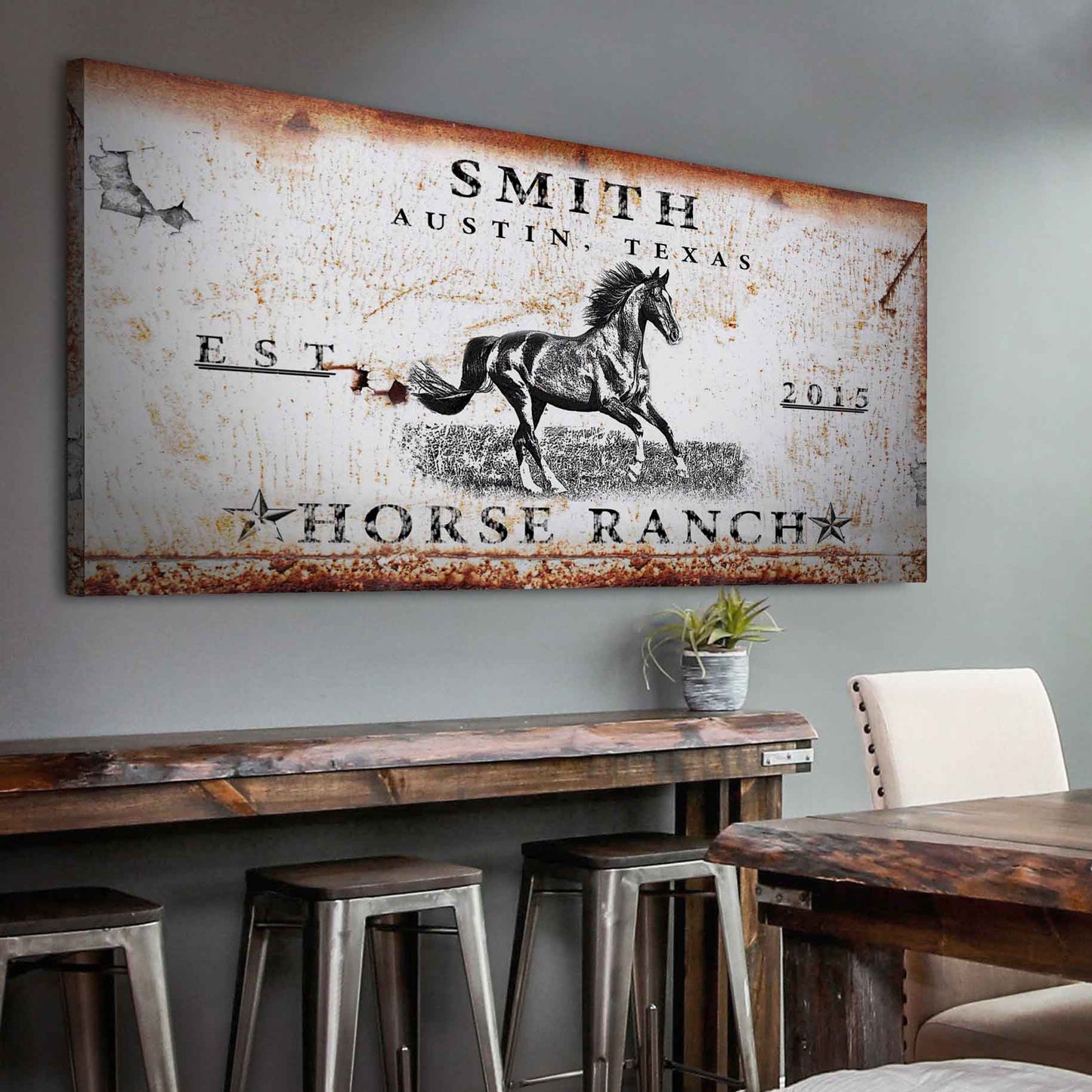 Rustic horse ranch sign canvas with distressed finish and running horse illustration on Tampa Home & Garden Store