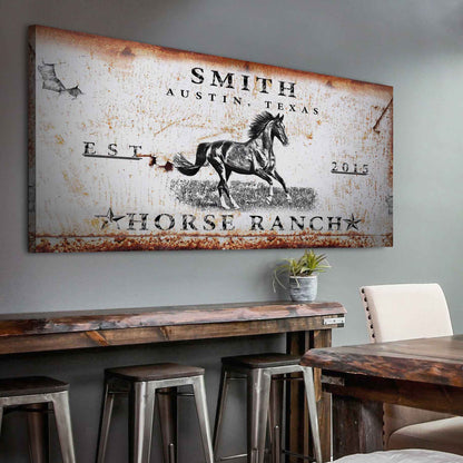 Rustic horse ranch sign canvas with distressed finish and running horse illustration on Tampa Home & Garden Store