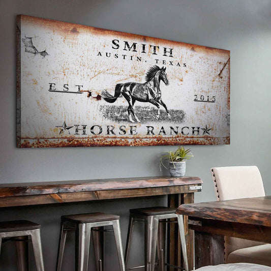 Rustic horse ranch sign canvas with distressed finish and running horse illustration on Tampa Home & Garden Store