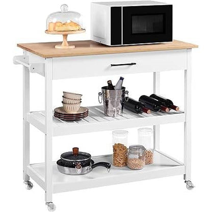 Carrito de isla de cocina blanco con cajón, estantes de almacenamiento y ruedas con seguro