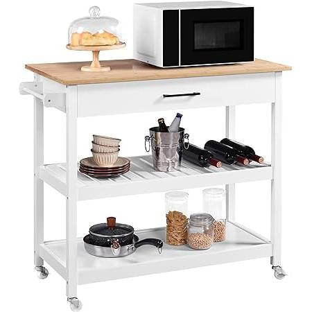 Carrito de isla de cocina blanco con cajón, estantes de almacenamiento y ruedas con seguro