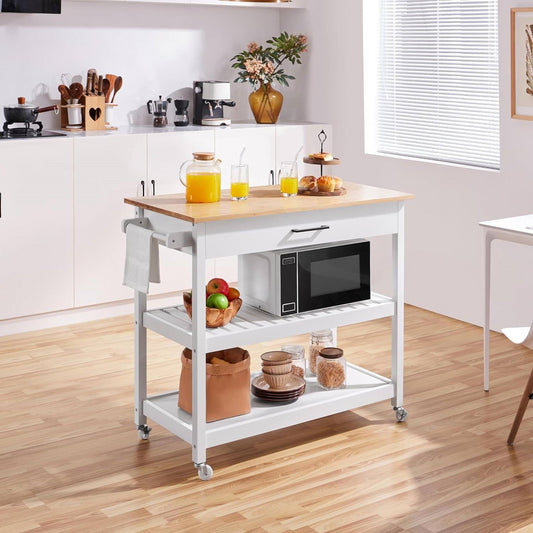 Carrito de isla de cocina blanco con cajón, estantes de almacenamiento y ruedas con seguro