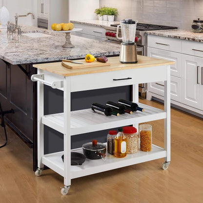Carrito de isla de cocina blanco con cajón, estantes de almacenamiento y ruedas con seguro