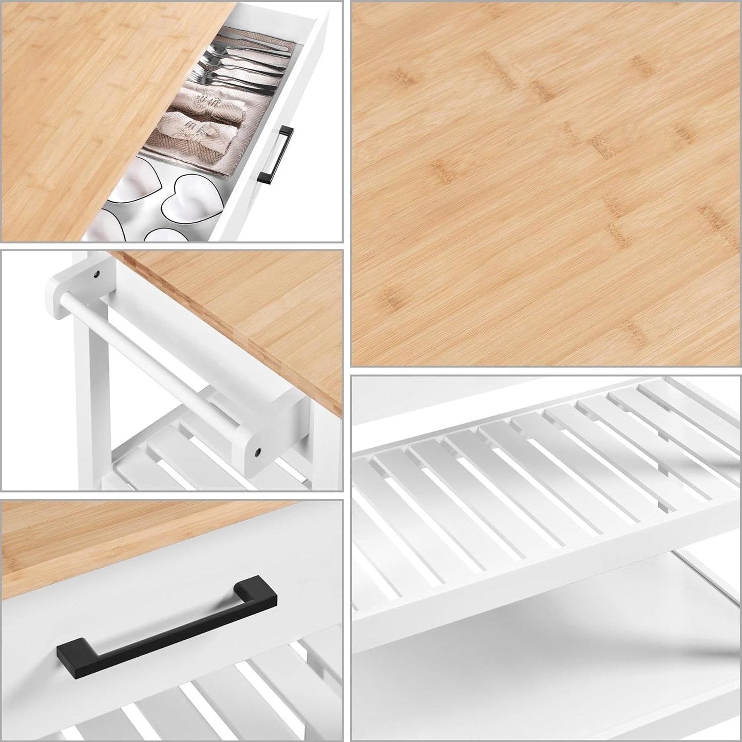 Carrito de isla de cocina blanco con cajón, estantes de almacenamiento y ruedas con seguro