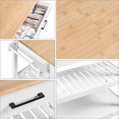 Carrito de isla de cocina blanco con cajón, estantes de almacenamiento y ruedas con seguro